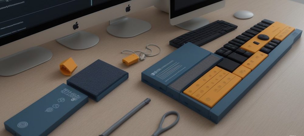 Um projetista mecânico focado em um projeto de desenho técnico, com ferramentas e softwares em um ambiente de trabalho moderno, representando o futuro da engenharia.