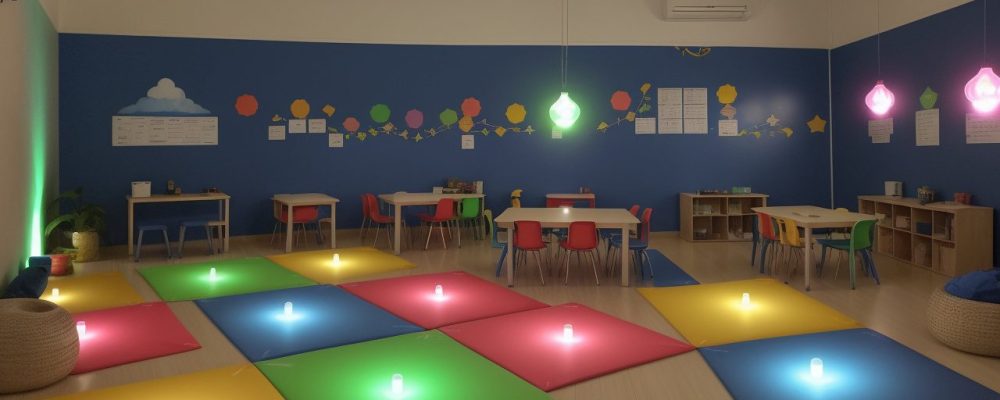 Crianças em sala de aula colaborando em um projeto educacional, com mapas mentais e recursos visuais, mostrando a importância do planejamento e metodologias ativas.