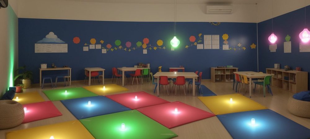 Crianças em sala de aula colaborando em um projeto educacional, com mapas mentais e recursos visuais, mostrando a importância do planejamento e metodologias ativas.