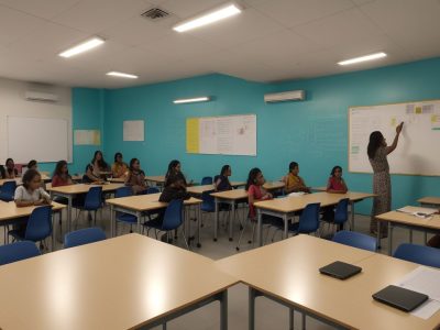 Ilustração de um projeto educacional em andamento, com alunos e professores colaborando em um ambiente de sala de aula moderno e dinâmico, utilizando metodologias ativas e tecnologias educacionais.
