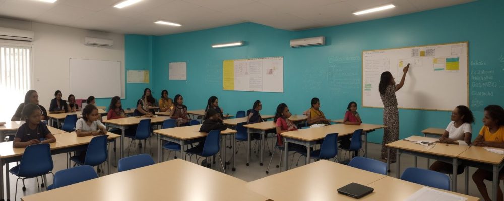 Ilustração de um projeto educacional em andamento, com alunos e professores colaborando em um ambiente de sala de aula moderno e dinâmico, utilizando metodologias ativas e tecnologias educacionais.