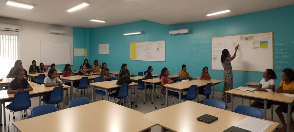 Ilustração de um projeto educacional em andamento, com alunos e professores colaborando em um ambiente de sala de aula moderno e dinâmico, utilizando metodologias ativas e tecnologias educacionais.