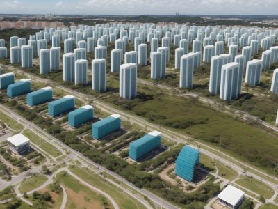 Ilustração de projeto sustentável em cidade com painéis solares e prédios verdes, representando projetos de energia renovável e desenvolvimento urbano sustentável.