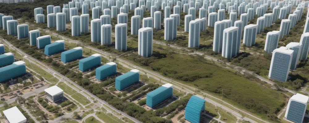 Ilustração de projeto sustentável em cidade com painéis solares e prédios verdes, representando projetos de energia renovável e desenvolvimento urbano sustentável.