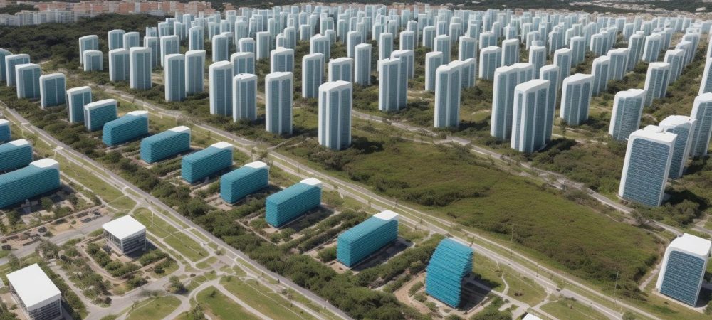 Ilustração de projeto sustentável em cidade com painéis solares e prédios verdes, representando projetos de energia renovável e desenvolvimento urbano sustentável.