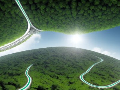 Visão futurista de projetos sustentáveis de energia renovável integrados à arquitetura, promovendo um futuro verde e inovador.