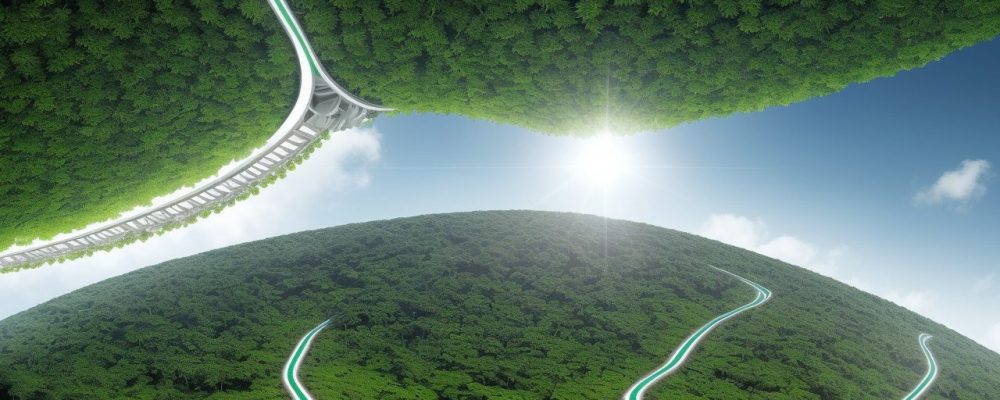 Visão futurista de projetos sustentáveis de energia renovável integrados à arquitetura, promovendo um futuro verde e inovador.