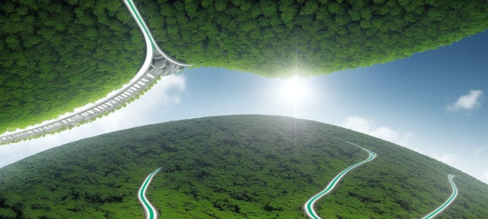 Visão futurista de projetos sustentáveis de energia renovável integrados à arquitetura, promovendo um futuro verde e inovador.