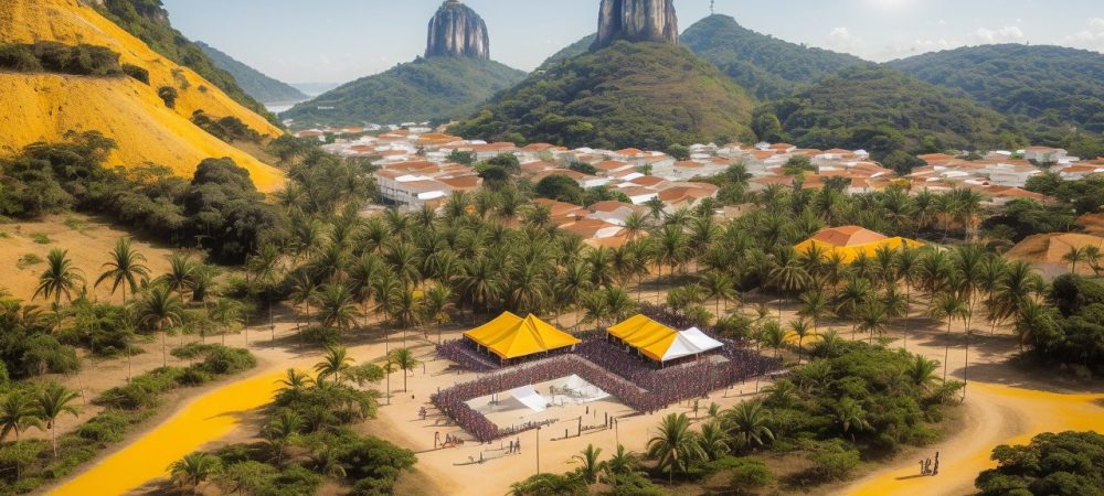 Projetos Turísticos: Planejamento e Estratégias para o Sucesso Ilustração de um projeto turístico bem-sucedido, com pessoas felizes em um evento cultural, representando o curso online de projetos turísticos e o desenvolvimento local.