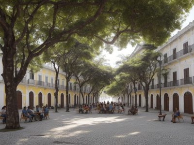 Visualização de um projeto turístico, com pessoas interagindo em um local revitalizado, representando o impacto positivo do turismo na comunidade e a importância do curso online de projetos turísticos para servidores públicos.