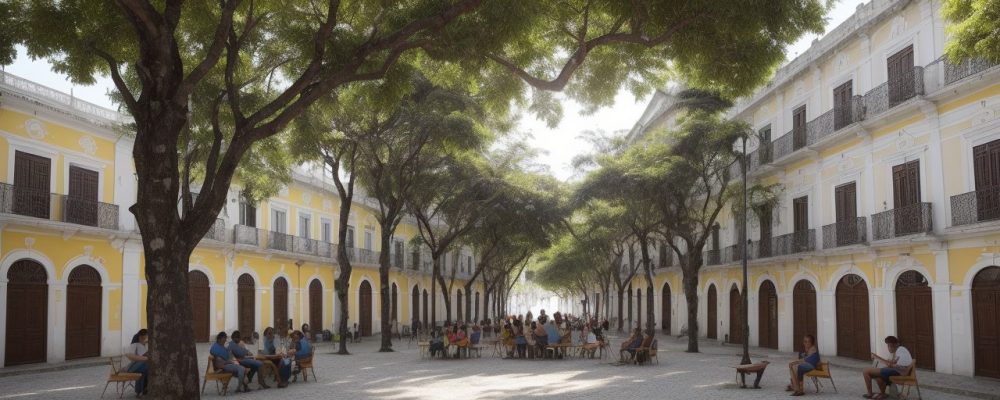 Visualização de um projeto turístico, com pessoas interagindo em um local revitalizado, representando o impacto positivo do turismo na comunidade e a importância do curso online de projetos turísticos para servidores públicos.