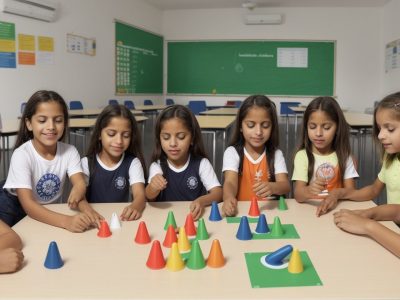 Crianças engajadas em atividades de projetos de educação física, promovendo cooperação e aprendizado dinâmico.