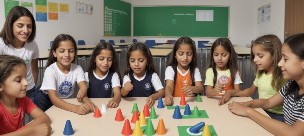 Crianças engajadas em atividades de projetos de educação física, promovendo cooperação e aprendizado dinâmico.