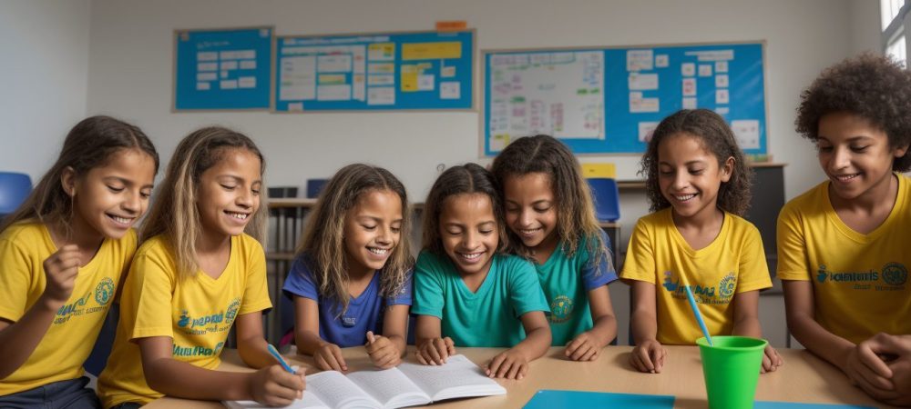 Alunos engajados em projetos de educação física, com planejamento esportivo e metodologias ativas para um aprendizado dinâmico e saudável.