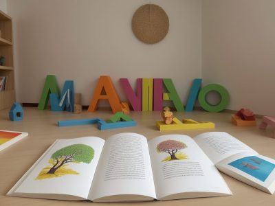 Crianças envolvidas em projetos de leitura em sala de aula, com livros e atividades interativas.