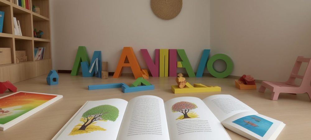 Crianças envolvidas em projetos de leitura em sala de aula, com livros e atividades interativas.