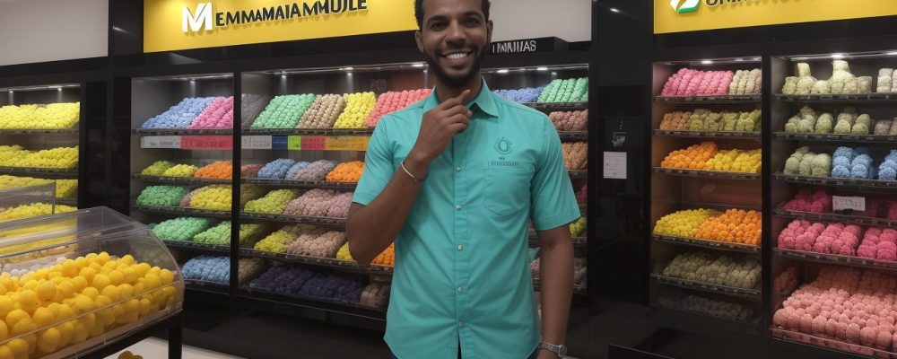 Promotor de vendas demonstrando habilidades de comunicação e persuasão em um ponto de venda dinâmico e atrativo.