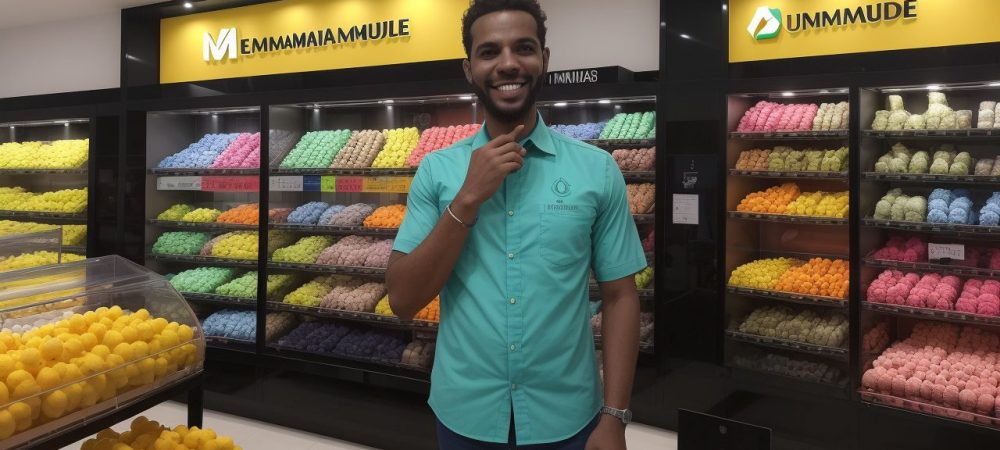 Promotor de Vendas: Estratégias e Habilidades em Ação Promotor de vendas demonstrando habilidades de comunicação e persuasão em um ponto de venda dinâmico e atrativo.