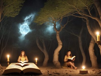 Ilustração de contos de fada sendo interpretados com a psicanálise, mostrando simbolismo e o inconsciente.