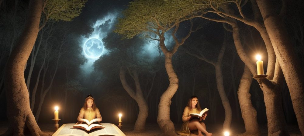 Ilustração de contos de fada sendo interpretados com a psicanálise, mostrando simbolismo e o inconsciente.