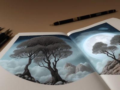 Ilustração de um livro aberto com símbolos de contos de fadas, representando a psicanálise e o inconsciente.