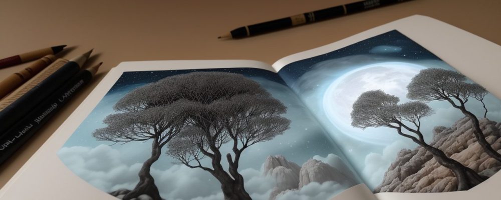 Ilustração de um livro aberto com símbolos de contos de fadas, representando a psicanálise e o inconsciente.