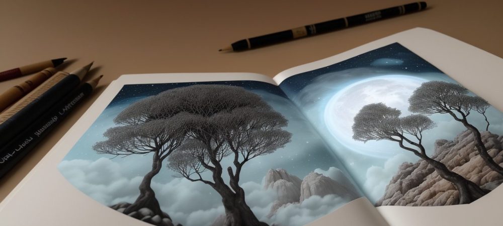 Ilustração de um livro aberto com símbolos de contos de fadas, representando a psicanálise e o inconsciente.