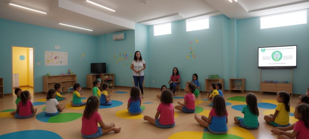 Cenário educativo com crianças participando de brincadeiras para desenvolvimento infantil, promovendo o bem-estar emocional.
