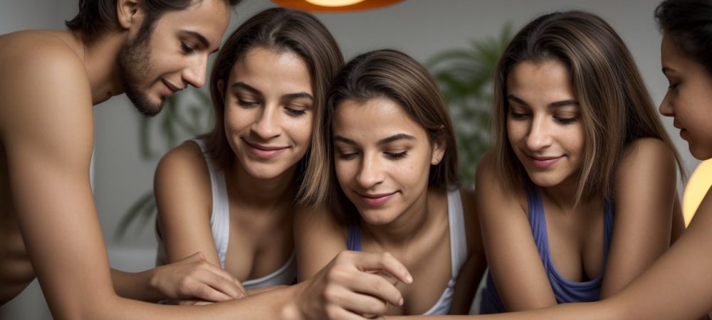 Representação visual da psicologia sexual com foco em identidade de gênero e sexualidade na adolescência, com recursos educacionais e pessoas em um ambiente inclusivo.