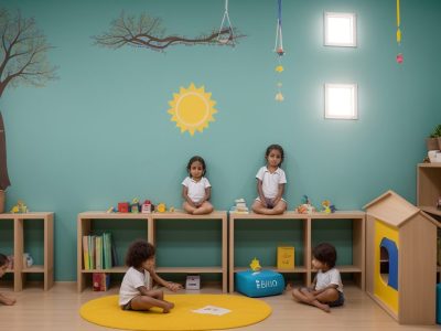 Crianças aprendendo em uma sala de aula acolhedora, com foco em psicologia do desenvolvimento e teorias da aprendizagem.