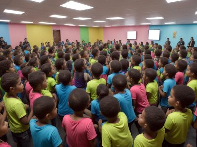 Crianças participando de atividades de psicomotricidade e artes em um ambiente escolar, promovendo desenvolvimento.