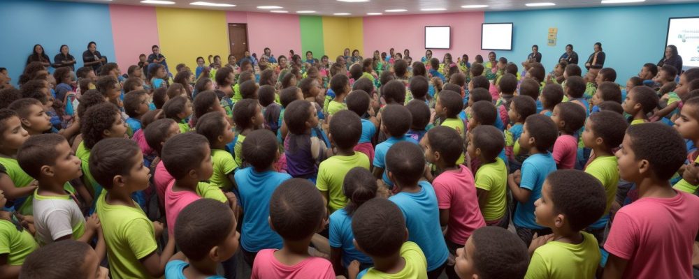 Crianças participando de atividades de psicomotricidade e artes em um ambiente escolar, promovendo desenvolvimento.
