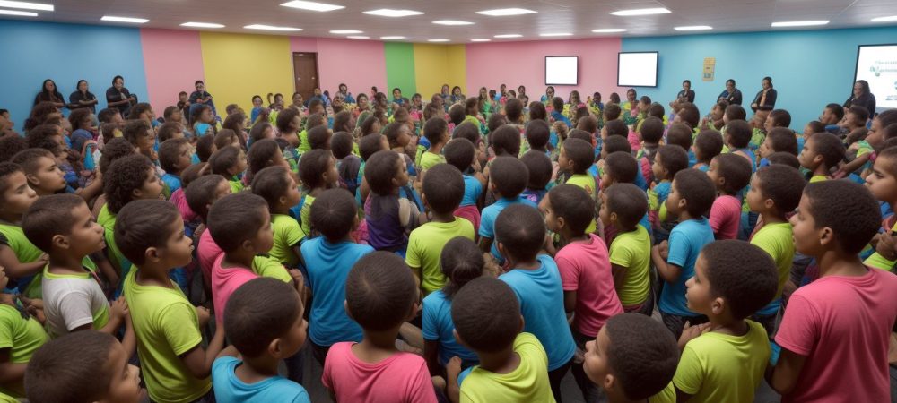 Crianças participando de atividades de psicomotricidade e artes em um ambiente escolar, promovendo desenvolvimento.