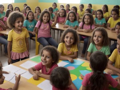 Crianças em atividades de psicomotricidade e artes na educação infantil, explorando movimentos e cores.