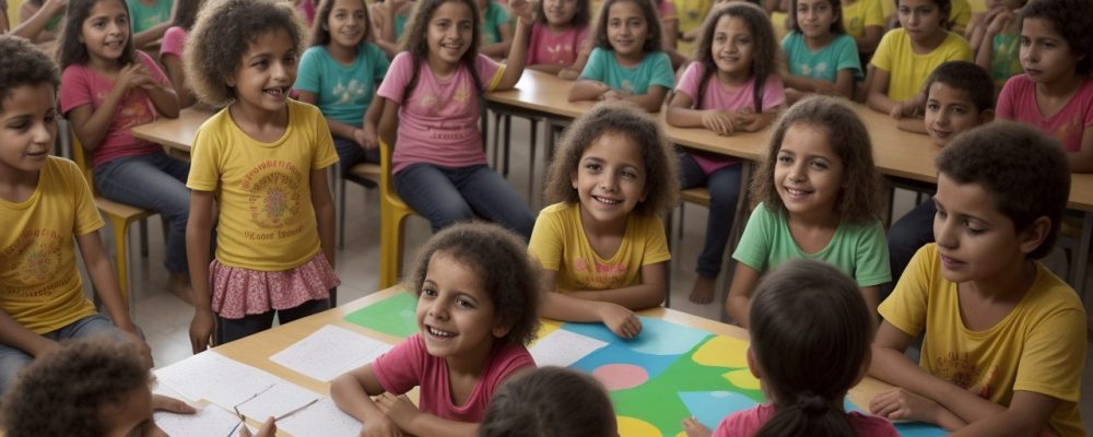 Crianças em atividades de psicomotricidade e artes na educação infantil, explorando movimentos e cores.