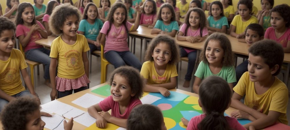 Crianças em atividades de psicomotricidade e artes na educação infantil, explorando movimentos e cores.