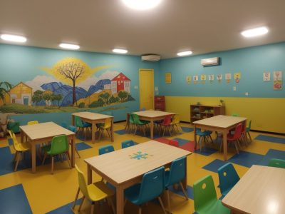 Crianças envolvidas em atividades de psicomotricidade e artes, explorando a expressão e a criatividade.