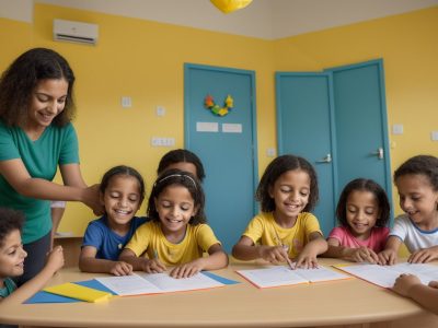 Crianças participando de atividades adaptadas em uma aula de educação física inclusiva, demonstrando desenvolvimento motor e socialização.