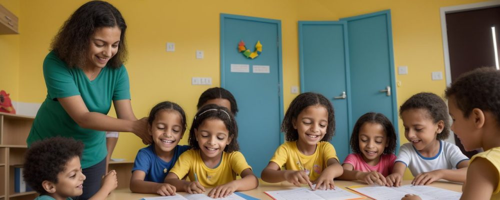 Crianças participando de atividades adaptadas em uma aula de educação física inclusiva, demonstrando desenvolvimento motor e socialização.