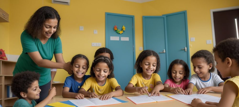 Crianças participando de atividades adaptadas em uma aula de educação física inclusiva, demonstrando desenvolvimento motor e socialização.