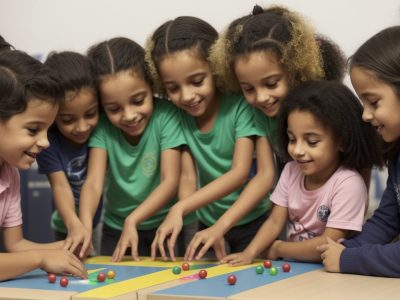 Crianças praticando atividades adaptadas em uma aula de educação física inclusiva, focando no desenvolvimento motor e psicomotricidade.