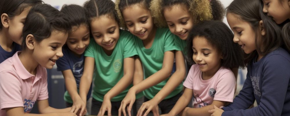 Crianças praticando atividades adaptadas em uma aula de educação física inclusiva, focando no desenvolvimento motor e psicomotricidade.