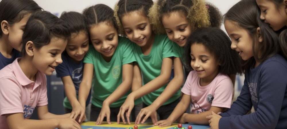 Crianças praticando atividades adaptadas em uma aula de educação física inclusiva, focando no desenvolvimento motor e psicomotricidade.