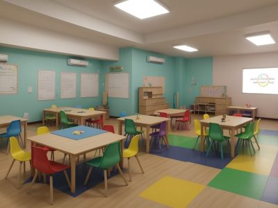 Imagem ilustrando intervenção psicopedagógica em sala de aula, com crianças interagindo e aprendendo de forma inclusiva