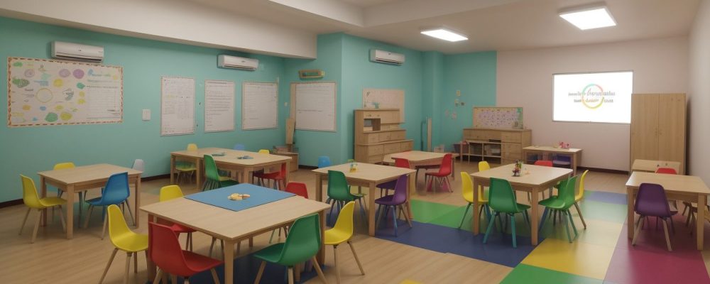 Imagem ilustrando intervenção psicopedagógica em sala de aula, com crianças interagindo e aprendendo de forma inclusiva