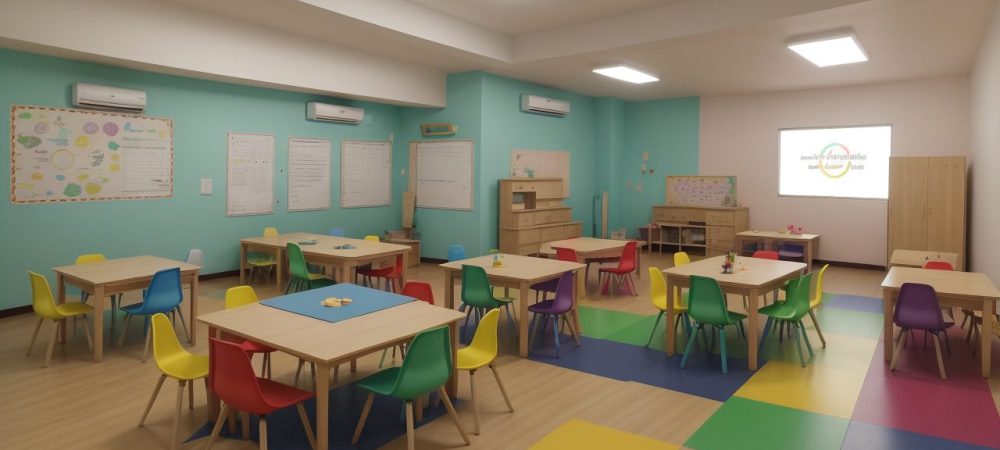 Imagem ilustrando intervenção psicopedagógica em sala de aula, com crianças interagindo e aprendendo de forma inclusiva