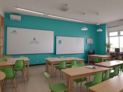 Ambiente escolar inclusivo com alunos trabalhando juntos em atividades colaborativas e adaptadas.