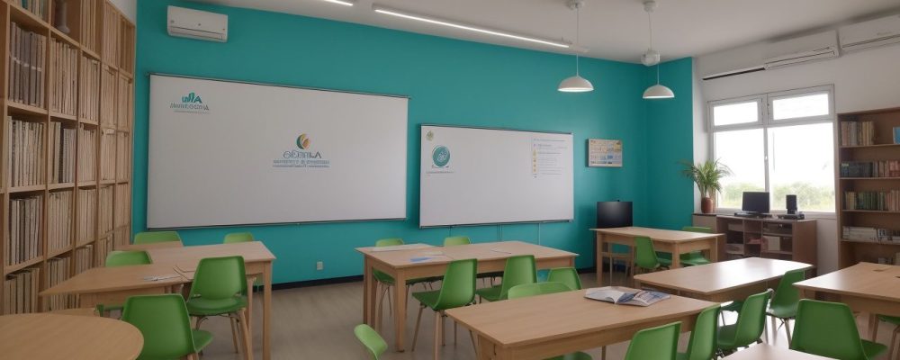 Ambiente escolar inclusivo com alunos trabalhando juntos em atividades colaborativas e adaptadas.