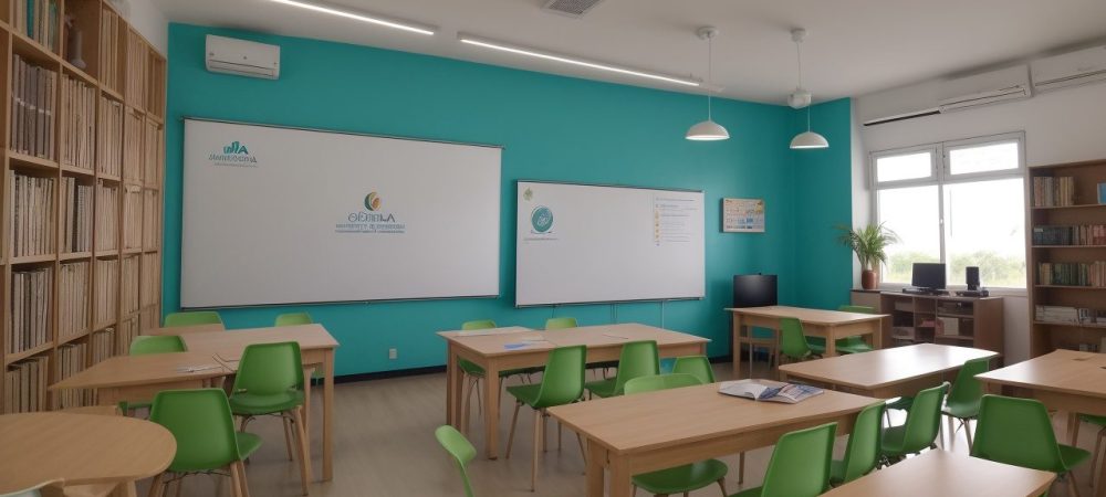 Ambiente escolar inclusivo com alunos trabalhando juntos em atividades colaborativas e adaptadas.