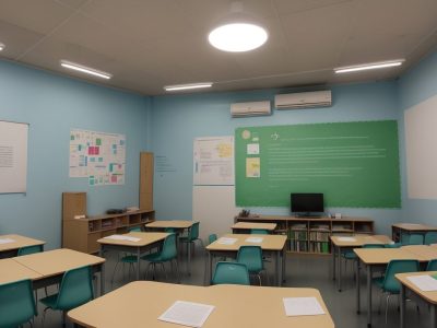 Educadores e alunos colaborando em sala de aula moderna com foco em educação inclusiva